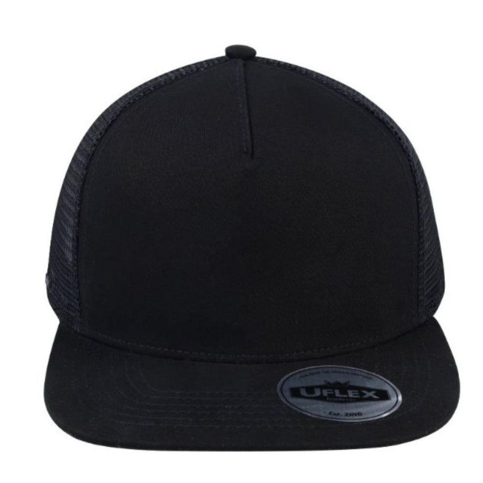 U15501BLACK - Uflex 5P Flat Peak Trucker Cap - Black