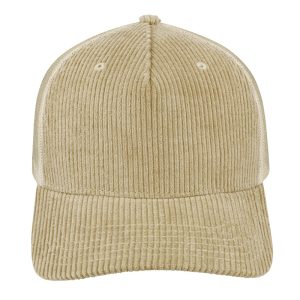 U21512KHAKI - 5 Panel Corduroy Trucker Cap - Khaki