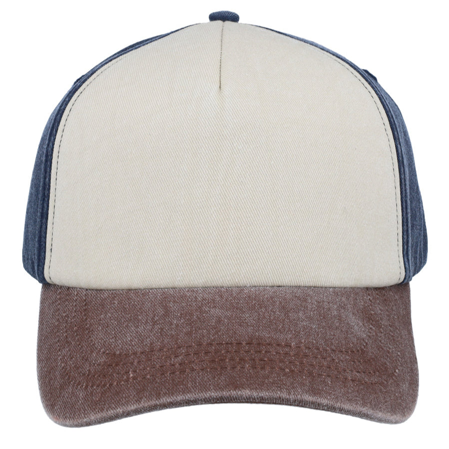 F25500NVY/ST/CH - 5 Panel Vintage Washed Cap - Navy/Stone/Chocolate