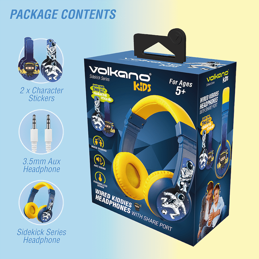 Volkano Sidekick Series Wired Kiddies Headphones with Share Port - Yellow/Blue - Image 56