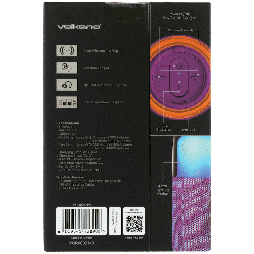 Volkano Neptune Bluetooth Wireless Speaker - Purple - Image 4