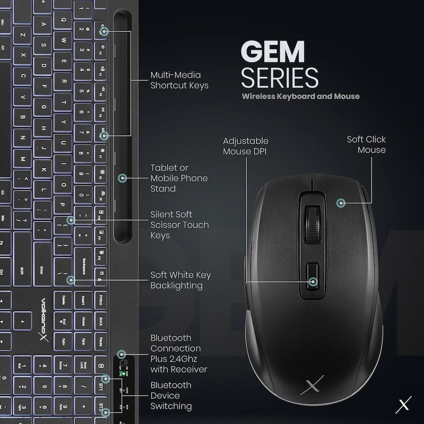 VolkanoX Gem Bluetooth Wireless Keyboard and Mouse - Black - Image 12