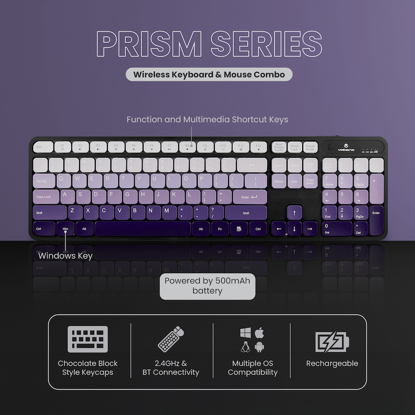 Volkano Prism Series Bluetooth Wireless Keyboard and Mouse - Purple - Image 7