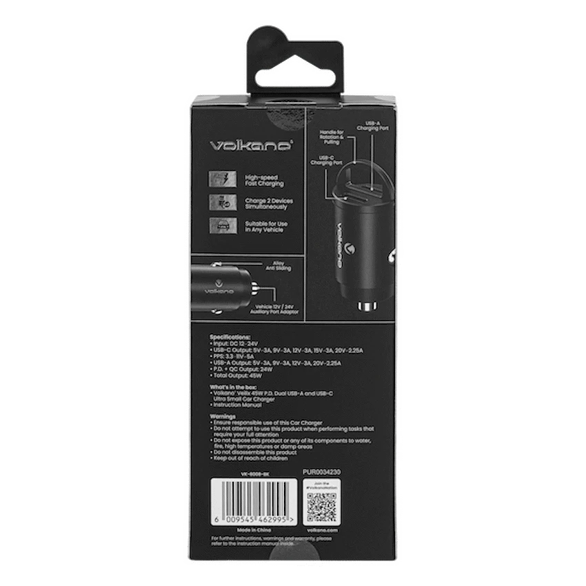 Volkano Veilix Series 45w PD Dual USB-A and USB-C Ultra Small Car Charger - Black - Image 6