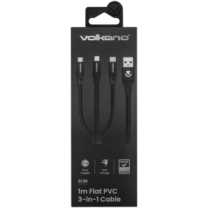 Volkano Slim Series Flat PVC 3-in-1 (Type-C / Lightning / Micro) Cable 1m - Black