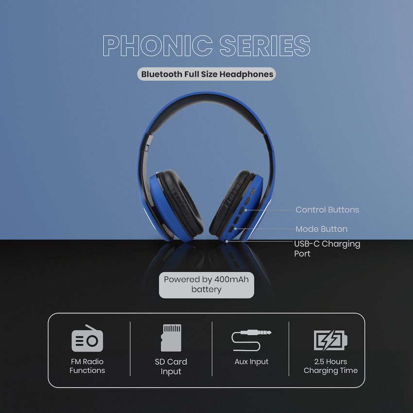 Volkano Phonic Series Bluetooth Full Size Headphones - Blue - Image 12