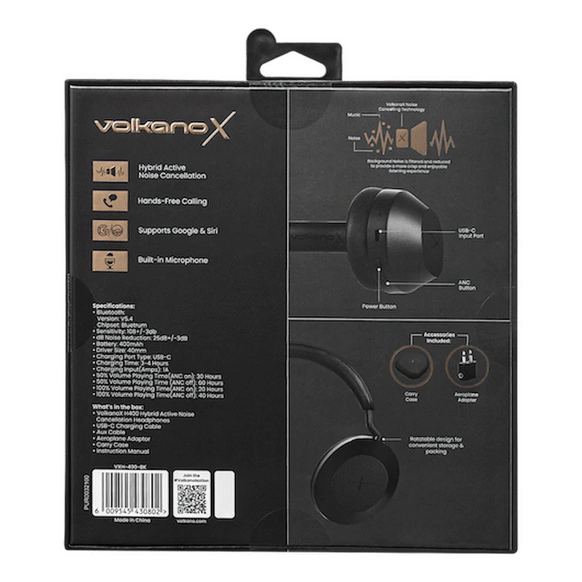 VolkanoX H400 Hybrid Active Noise Cancellation Headphones - Black - Image 15